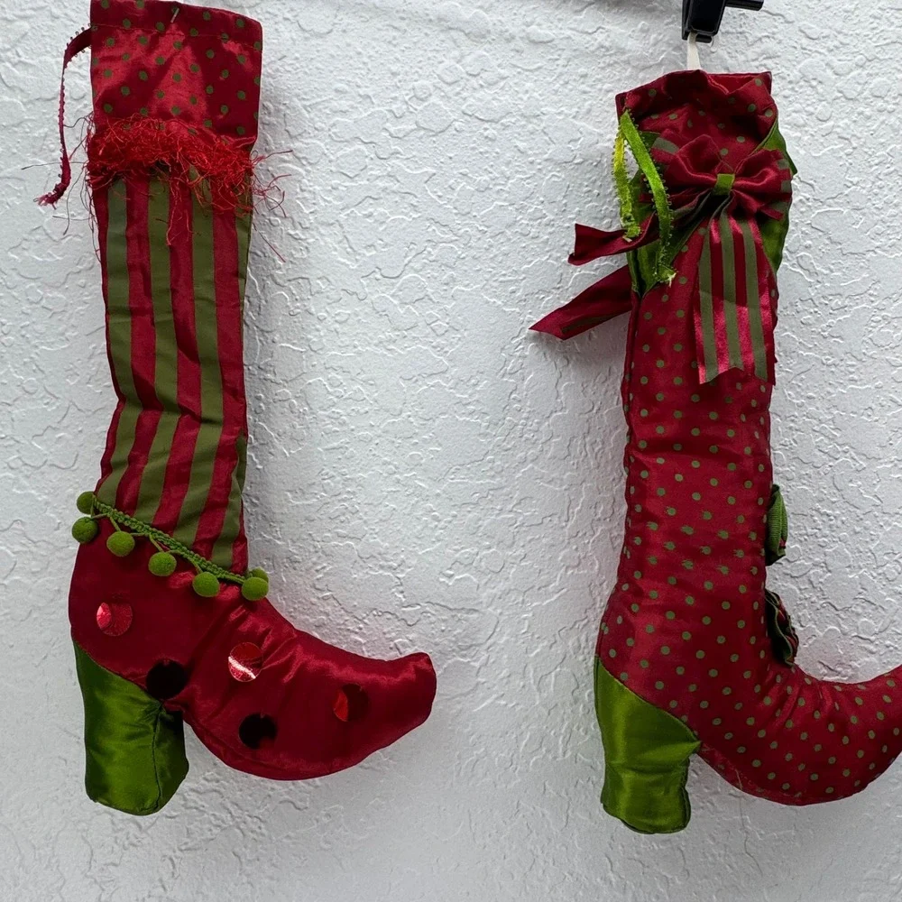 Pier 1 Imports Christmas Table Leg Covers Elf Boots Red Green Set of 2 NWT‎